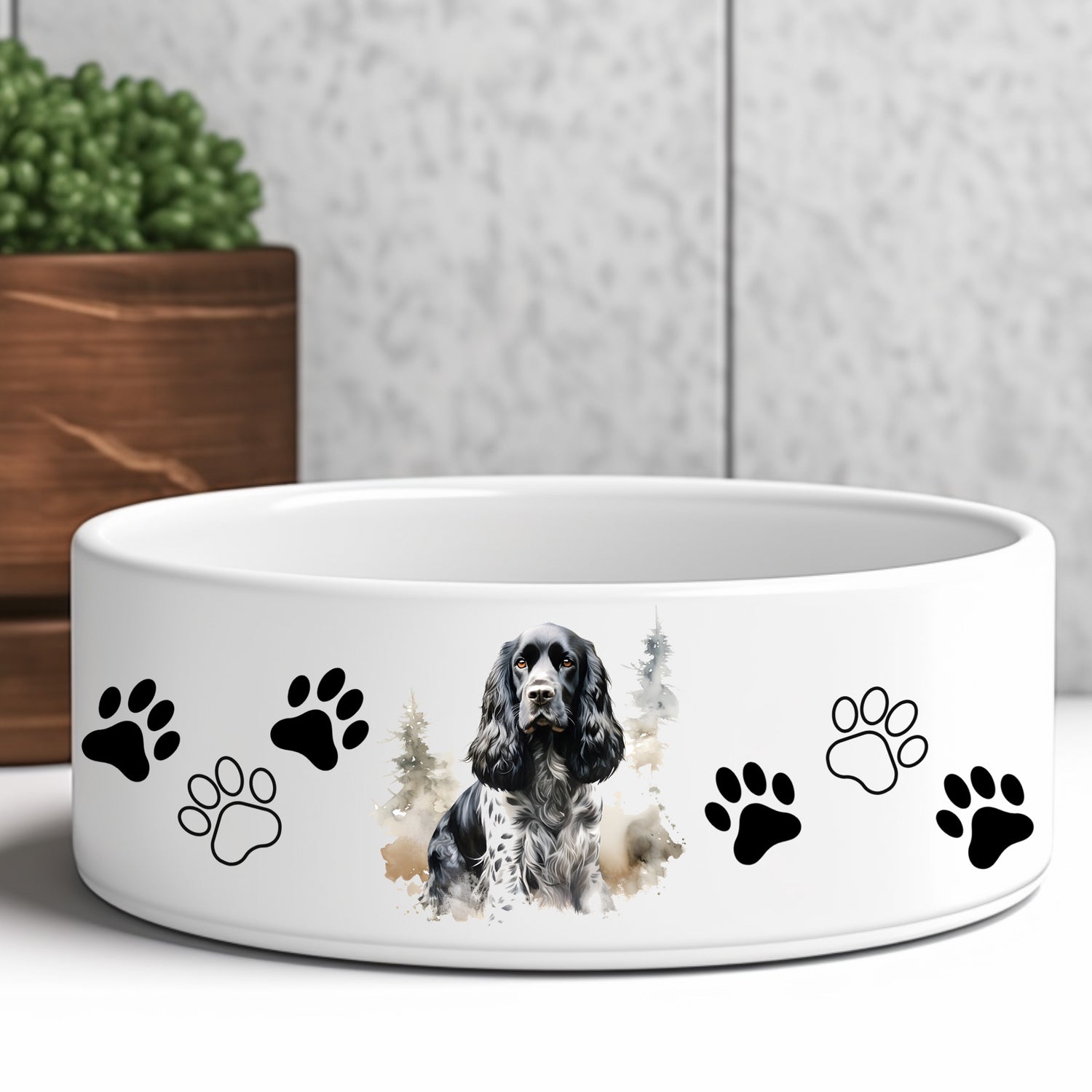 black-and-white-cocker-spaniel-dog-food-bowl