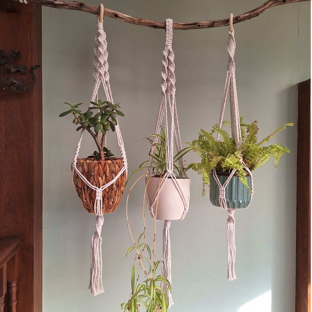 white macrame pot holder